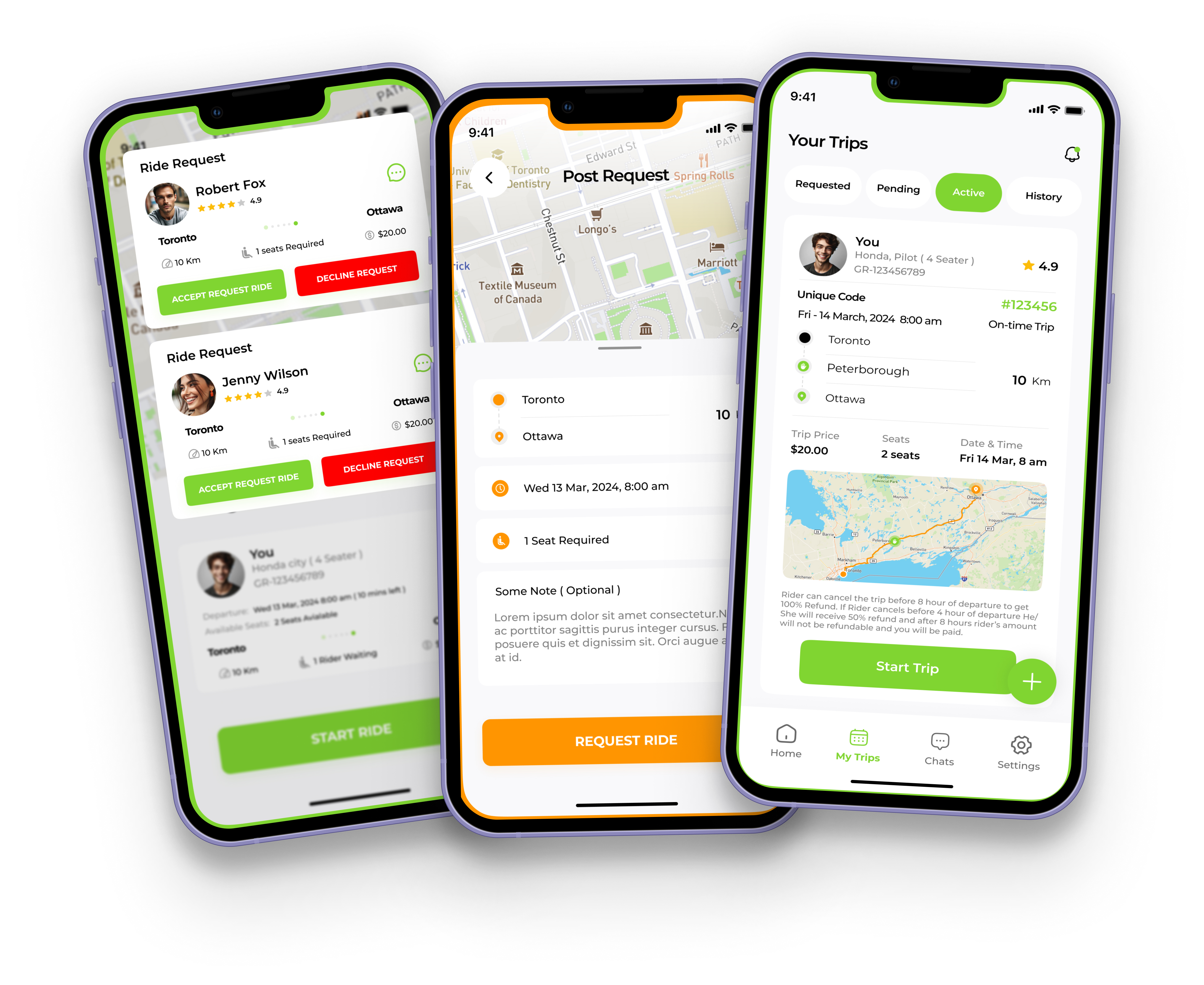 RideShare iOS & Android 3-Screen UI Mockup